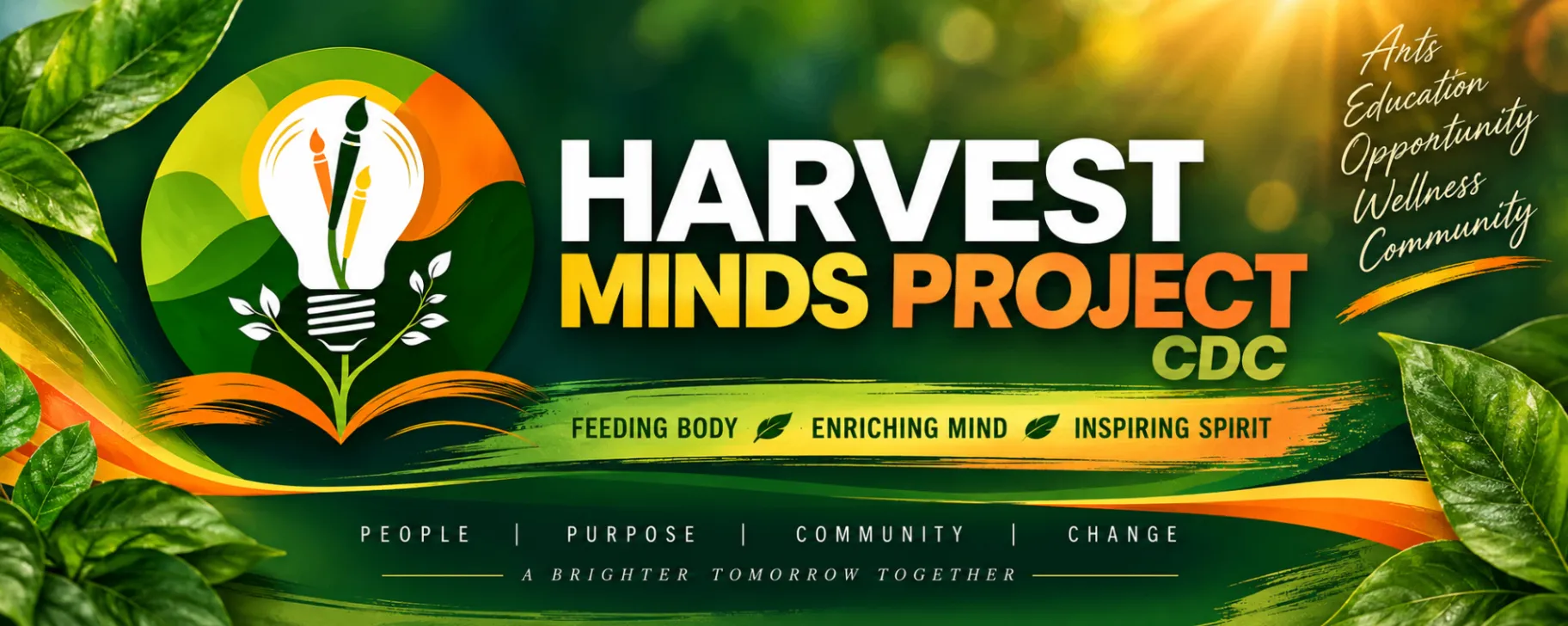 Harvest Minds Project CDC banner featuring the project logo and its focus on arts, education, opportunity, wellness, and community
