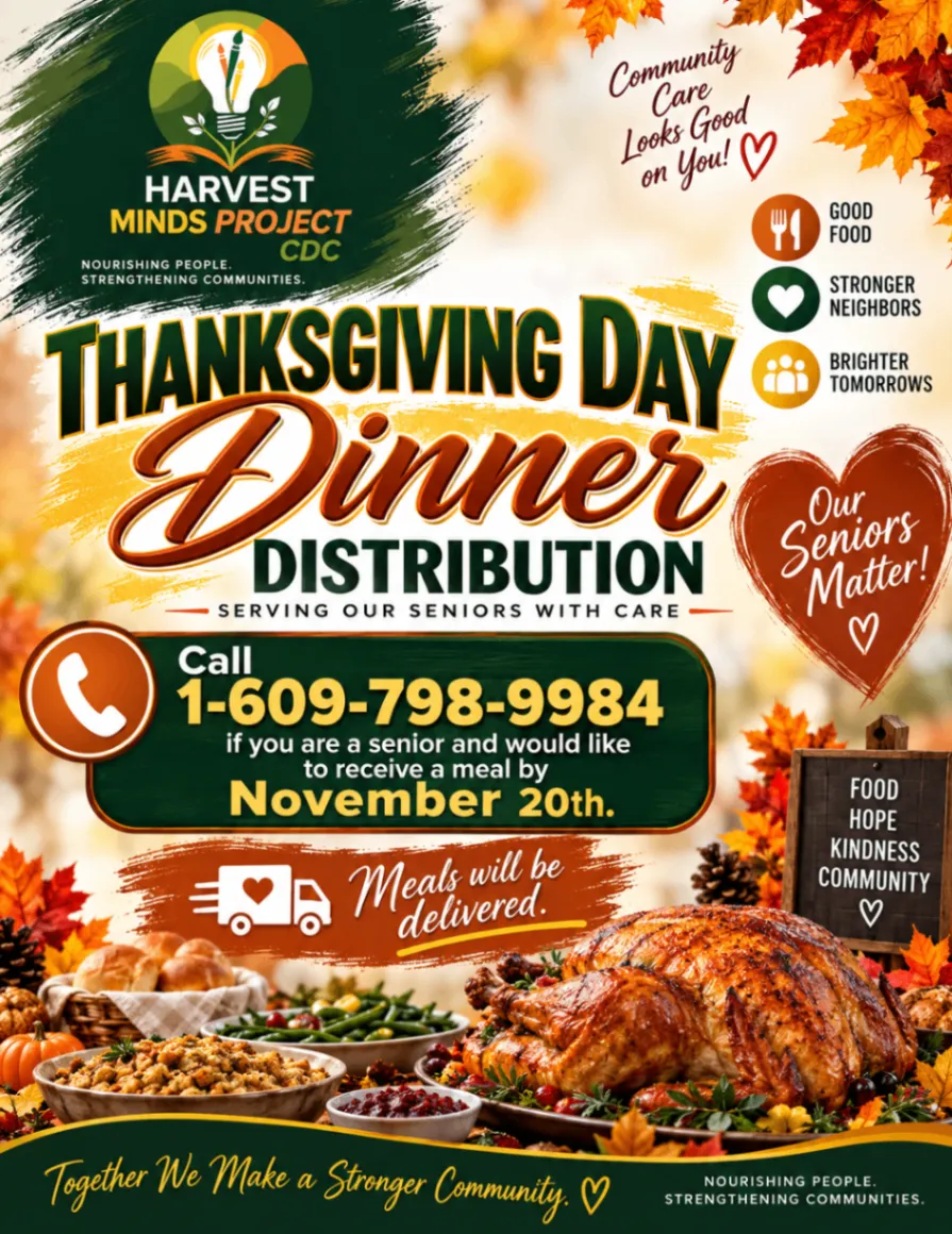 Harvest Minds Project CDC Thanksgiving Day Dinner Distribution flyer for seniors with meal delivery and sign-up information